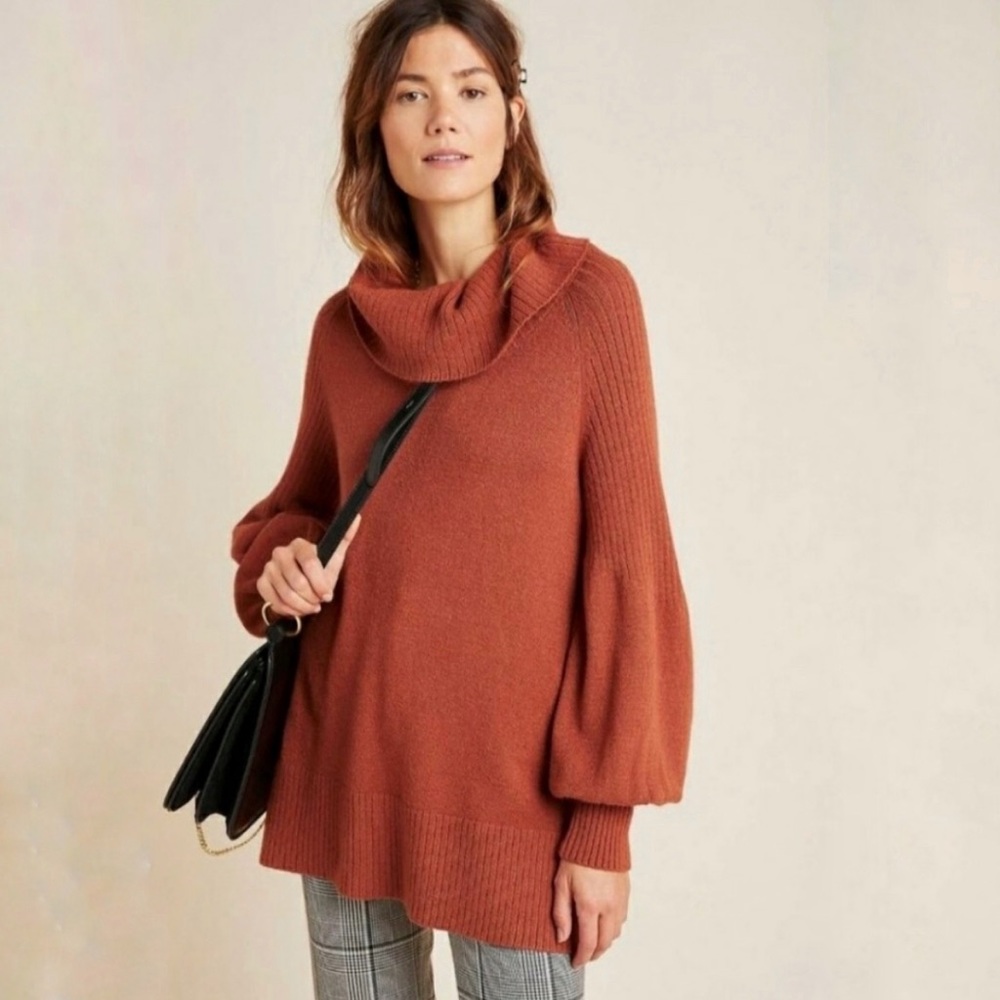 Anthropologie Paloma Knit Tunic Sweater Burnt Orange Balloon Sleeve Size Medium